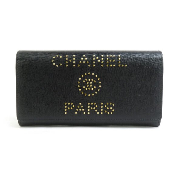 Auth CHANEL Deauville Long Wallet Black Leather/Goldtone - 90056a